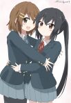  2girls absurdres artist_name bangs black_hair black_legwear blazer blue_jacket blue_ribbon blue_skirt blush brown_eyes brown_hair closed_mouth commentary_request cynical_(llcbluckg_c004) eyebrows_visible_through_hair hair_ornament hairclip highres hirasawa_yui hug jacket k-on! long_hair looking_at_viewer miniskirt multiple_girls nakano_azusa neck_ribbon open_mouth pantyhose red_ribbon ribbon sakuragaoka_high_school_uniform school_uniform short_hair simple_background skirt smile twintails twitter_username watermark white_background 