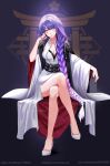  1girl absurdres bangs blunt_bangs braid braided_ponytail breasts cleavage crossed_legs dress full_body genshin_impact highres large_breasts legs long_hair long_sleeves looking_at_viewer mihan77108047 mole mole_under_eye purple_eyes purple_hair raiden_shogun sitting solo web_address white_dress wide_sleeves 