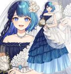  1girl :d bangs bare_shoulders blue_dress blue_eyes blue_hair blush bouquet braid brown_flower collarbone commentary_request crescent dress eyebrows_visible_through_hair flower gradient_hair hair_flower hair_ornament highres holding holding_bouquet iriam jewelry karokuchitose layered_dress long_hair looking_at_viewer multicolored_hair multiple_views official_art pendant pleated_dress see-through simple_background smile standing tsuyurino_sora two-tone_hair veil virtual_youtuber wedding_dress white_background white_flower zoom_layer 