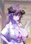  1girl absurdres ahoge arunira bikini blush breasts brll collared_shirt colored_skin demon_horns fingernails hand_on_hip hand_up highres horns large_breasts long_hair looking_at_viewer nail_polish original parted_lips pink_bikini purple_hair purple_nails purple_skin shirt swimsuit tied_shirt white_shirt wing_collar 