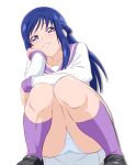  1girl blue_eyes blue_hair collarbone dokidoki!_precure dress fuchi_(nightmare) highres hishikawa_rikka kneehighs long_hair looking_at_viewer oogai_daiichi_middle_school_uniform panties pantyshot precure purple_legwear purple_sailor_collar sailor_collar sailor_dress school_uniform simple_background smile solo squatting underwear white_background white_dress white_panties 