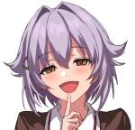  1girl :d blush brown_eyes brown_jacket finger_to_mouth hair_intakes hair_ornament hairclip hand_up highres idolmaster idolmaster_cinderella_girls index_finger_raised jacket koshimizu_sachiko looking_at_viewer portrait purple_hair shirt simple_background smile solo ulrich_(tagaragakuin) white_background white_shirt 