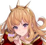  1girl blonde_hair cagliostro_(granblue_fantasy) cape closed_mouth granblue_fantasy hairband hand_up highres long_hair looking_at_viewer purple_eyes red_cape simple_background smile solo ulrich_(tagaragakuin) white_background 