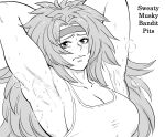  1girl absurdres armpit_focus armpits bb_(baalbuddy) breasts cleavage closed_mouth english_text greyscale headband highres large_breasts long_hair monochrome presenting_armpit queen&#039;s_blade risty simple_background solo sweat upper_body white_background 