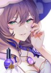  1girl bangs blush breasts brown_hair cleavage esukee flower genshin_impact green_eyes hat large_breasts lisa_(genshin_impact) long_hair looking_at_viewer nail_polish purple_headwear purple_nails rose smile solo vision_(genshin_impact) witch witch_hat 