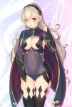 1girl absurdres black_legwear blue_cape breasts bridal_gauntlets cape cleavage corrin_(fire_emblem) corrin_(fire_emblem)_(female) covered_navel cowboy_shot dark_mage_(fire_emblem_fates) fire_emblem fire_emblem_fates grey_hair groin hairband highres kashiwamochi_yomogi large_breasts long_hair open_mouth pointy_ears red_eyes revealing_clothes skin_tight solo sweat thighhighs very_long_hair 