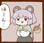  1girl animal_ears basket border buck_teeth capelet crossed_arms grey_hair holding holding_with_tail jitome long_sleeves mouse mouse_ears mouse_tail nazrin poronegi prehensile_tail short_hair solo tail teeth touhou 