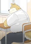  2022 anthro belly big_belly black_nose bottomwear canid canine canis classroom clothing domestic_dog fugashi4090 inside kemono male mammal overweight overweight_male pants school shirt sitting solo topwear 