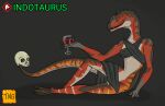  anthro blood_glass bottomwear clothing dinosaur female glass human_skull hybrid indotaurus reptile scalie skirt solo the_nameless_guy 