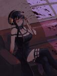 1girl bangs bare_arms bare_shoulders black_hair black_legwear blood blood_on_face breasts cleavage commentary couch crossed_legs elsie feet_out_of_frame grin hairband hand_up highres holding holding_weapon indoors large_breasts long_hair looking_at_viewer parted_lips red_eyes reverse_grip sidelocks sitting smile solo spy_x_family thighhighs thighs weapon yor_briar 