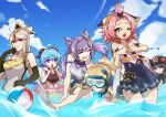  6+girls alternate_costume animal_ears ball bare_arms beachball black_hair blue_hair blue_sky cat_ears closed_eyes cloud dated day diona_(genshin_impact) elbow_gloves ganyu_(genshin_impact) genshin_impact gloves hair_cones hat hu_tao_(genshin_impact) jean_(genshin_impact) keqing_(genshin_impact) multiple_girls ningguang_(genshin_impact) ocean open_mouth pink_hair purple_eyes red_eyes sky smile swimsuit twintails twitter_username vmat white_hair 