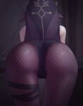  1girl all_fours ass ass_focus bare_shoulders bent_over fishnet_legwear fishnets from_behind genshin_impact highres kirakugakusyu leotard nun pantyhose purple_hair purple_legwear rosaria_(genshin_impact) sleeveless solo veil 