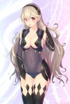  1girl absurdres black_legwear breasts bridal_gauntlets cleavage collarbone corrin_(fire_emblem) corrin_(fire_emblem)_(female) covered_navel cowboy_shot dark_mage_(fire_emblem_fates) fire_emblem fire_emblem_fates grey_hair groin hairband highres kashiwamochi_yomogi large_breasts long_hair open_mouth pointy_ears red_eyes revealing_clothes skin_tight solo sweat thighhighs very_long_hair 