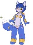  anthro athletic blue blue_body blue_fur blue_hair blush blush_lines breasts canid canine female fox fur genitals hair hi_res krystal leaf mammal nintendo pussy small_breasts solo star_fox starfox_adventures tsuraipossum upskirt video_games wind 