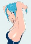  1girl blue_eyes blue_hair breasts closed_mouth from_side grey_background hair_tie hair_tie_in_mouth hi_iro highres looking_at_viewer looking_to_the_side medium_breasts mouth_hold original ponytail short_hair sideboob simple_background smile solo tying_hair 