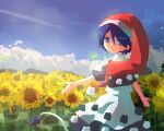  1girl :3 black_dress blue_eyes blue_hair blush_stickers closed_mouth cloud commentary cowboy_shot day doremy_sweet dress eyebrows_behind_hair field flower flower_field from_behind hair_between_eyes hat kanno_fumiroku looking_at_viewer looking_back multicolored_clothes multicolored_dress nightcap one-hour_drawing_challenge outstretched_arms pom_pom_(clothes) red_headwear short_hair sky solo sunflower tail tapir_tail touhou white_dress yellow_flower 