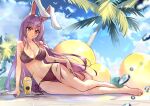  1girl absurdres animal_ears arm_support bangs bare_arms bare_legs bare_shoulders barefoot beach bikini blue_sky blurry blush breasts cleavage cloud collarbone cup day depth_of_field diving_penguin drinking_glass drinking_straw glint highres large_breasts long_hair looking_at_viewer navel outdoors palm_tree purple_hair rabbit_ears reclining red_eyes reisen_udongein_inaba sitting sky smile solo swimsuit thighs touhou tree very_long_hair 