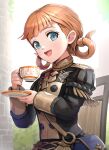  1girl :d annette_fantine_dominic bag bangs black_jacket blue_eyes blunt_bangs commentary_request cup fire_emblem fire_emblem:_three_houses garreg_mach_monastery_uniform gonzarez hair_rings hand_up handbag highres holding holding_cup jacket juliet_sleeves long_sleeves looking_at_viewer open_mouth orange_hair puffy_sleeves saucer short_hair smile solo teacup upper_body 