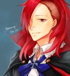  1boy artist_request blush collarbone cookie_run eyebrows fangs hair_over_one_eye humanization long_hair looking_at_viewer looking_down male_focus open_mouth personification purple_eyes red_hair solo teeth vampire vampire_cookie white_background 