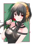  1girl absurdres bangs bare_shoulders black_dress black_hair blush closed_mouth commentary_request dress eyebrows_visible_through_hair flower green_background hair_between_eyes hairband hand_up highres holding holding_flower long_hair looking_at_viewer petals red_eyes red_flower shibakame smile solo spy_x_family two-tone_background upper_body white_background yellow_hairband yor_briar 