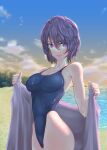  1girl beach black_hair blue_swimsuit breasts cloud collarbone commentary_request competition_swimsuit gradient_sky highleg highleg_swimsuit highres large_breasts one-piece_swimsuit original purple_eyes short_hair sky solo sunrise swimsuit towel yamauchi_(conan-comy) 