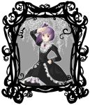  1girl bangs black_dress blackberry_cookie bow brooch candle cookie_run curtain_grab curtains dress frills full_body highres humanization jewelry juliet_sleeves lolita_fashion long_hair long_sleeves looking_at_viewer mary_janes petticoat photoshop_(medium) puffy_sleeves purple_eyes purple_hair rissu shoes solo striped striped_legwear window 