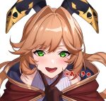  1girl :d blush brown_gloves brown_hair cape character_request gloves granblue_fantasy green_eyes hand_up highres long_hair looking_at_viewer open_mouth ponytail red_cape simple_background smile solo ulrich_(tagaragakuin) upper_body v white_background 