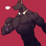  2022 abs anthro biped black_body black_fur bodily_fluids canid canine clothed clothing digital_media_(artwork) fur looking_at_viewer male mammal muscular muscular_anthro muscular_male necktie pecs red_background shirtless_anthro shirtless_male simple_background smile solo sunspotfish sweat topless topless_anthro topless_male 