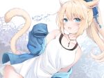  1girl :d animal_ears black_tank_top blonde_hair blue_eyes breasts cat_ears cat_tail clothes_down commission earrings fang jewelry kanora long_hair long_sleeves medium_breasts original pendant shirt single_earring skeb_commission skin_fang sleeveless sleeveless_shirt sleeves_past_fingers sleeves_past_wrists smile tail tank_top white_shirt 