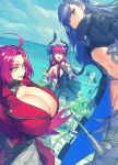 armored_boots blue_eyes boots breasts dragon_horns elizabeth_bathory_(fate) elizabeth_bathory_(fate/extra_ccc) fate/extra fate/extra_ccc fate_(series) flat_chest francis_drake_(fate) highres horns large_breasts long_hair melon22 meltryllis_(fate) navel pink_hair pirate purple_eyes purple_hair ribbon scar scar_on_face 