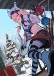  1girl :d absurdres animal_hat arknights bauble bell black_gloves black_legwear black_shorts blue_bow blue_bowtie blue_jacket boots bow bowtie brown_hair cardigan_(arknights) cardigan_(cheerful_guardian)_(arknights) christmas christmas_ornaments christmas_present christmas_tree cropped_jacket foot_out_of_frame gift gloves hat highres jacket looking_at_viewer multicolored_clothes multicolored_hair multicolored_jacket natsuba002 neck_bell official_alternate_costume outdoors pink_eyes running shorts smile snowman solo streaked_hair striped striped_legwear teeth thighhighs two-tone_jacket upper_teeth white_footwear white_jacket white_legwear 