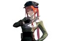  1girl absurdres alternate_costume arknights bagpipe_(arknights) black_gloves black_headwear collared_shirt dragon_horns eyebrows_visible_through_hair gloves hand_on_hip hat highres horns long_hair long_sleeves looking_at_viewer military military_uniform orange_hair parted_lips peaked_cap ponytail purple_eyes qinglai_haiji shirt sidelocks simple_background solo uniform very_long_hair white_background white_shirt 