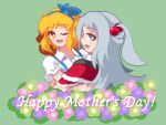  2girls alice_margatroid alice_margatroid_(pc-98) blonde_hair blue_bow blue_eyes blue_hairband bow capelet collared_shirt english_commentary english_text flower green_background grey_eyes grey_hair hair_bobbles hair_bow hair_ornament hairband hug long_hair mother_and_daughter multiple_girls nukekip one_eye_closed open_mouth pixel_art puffy_short_sleeves puffy_sleeves red_capelet shinki_(touhou) shirt short_hair short_sleeves side_ponytail simple_background skirt suspender_skirt suspenders touhou touhou_(pc-98) very_long_hair white_shirt 