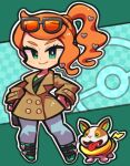  1girl bag blush boots brown_coat buttons chibi closed_mouth coat commentary_request eyewear_on_head full_body green_footwear green_shirt hair_ornament handbag hands_on_hips heart heart_hair_ornament ibara. long_hair orange_hair outline pants poke_ball_symbol pokemon pokemon_(creature) pokemon_(game) pokemon_swsh shirt side_ponytail smile sonia_(pokemon) standing sunglasses yamper 