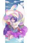  1girl blue_eyes blue_hair boots cape cloud cloud_print cloudy_sky commentary dated full_body headband highres legs_folded long_sleeves looking_at_viewer m_(neteitai10) multicolored_clothes patchwork_clothes pouch puffy_long_sleeves puffy_sleeves purple_footwear rainbow_gradient short_hair signature sky smile solo tenkyuu_chimata touhou white_cape zipper_dress 
