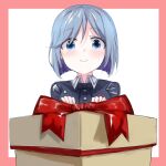  1girl black_jacket blue_eyes blue_hair blush bob_cut box closed_mouth copyright_request gift highres jacket looking_at_viewer okbnkn smile solo wing_collar 