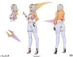  1girl ass bangs banned_artist black_gloves blunt_bangs bracelet breasts concept_art gloves gradient_hair grey_hair hair_over_shoulder hand_up high_heels highres holding jacket jewelry kai&#039;sa league_of_legends long_hair medium_breasts microphone midriff multicolored_hair multiple_views navel open_clothes open_jacket orange_jacket pants simple_background single_glove skin_tight standing white_background white_bustier white_pants zeronis 