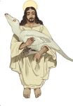  1boy animal barefoot beard black_hair closed_eyes closed_mouth dinosaur facial_hair feathered_dinosaur halo highres holding holding_animal invisible_chair jesus long_hair male_focus mossacannibalis robe simple_background sitting solo the_bible velociraptor white_background 