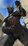  2022 abs anthro anubian_jackal balls black_body black_fur canid canine canis chunie claws detailed_background digital_media_(artwork) erection fur genitals hi_res humanoid_genitalia humanoid_penis jackal looking_at_viewer male mammal muscular muscular_male nipples nude penis solo 