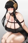  1girl bare_shoulders black_dress black_hair blush breasts choker cleavage curvy dress highres large_breasts looking_at_viewer off-shoulder_dress off_shoulder red_eyes rose_hair_ornament sidelocks simple_background solo spy_x_family thick_thighs thighs yor_briar zeroqrisu 
