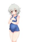  1girl blue_swimsuit blush breasts brown_eyes clothes_pull covered_navel grey_hair highres hosizora_mikoto idolmaster idolmaster_cinderella_girls name_tag narumiya_yume old_school_swimsuit one-piece_swimsuit open_mouth pulled_by_self school_swimsuit short_hair simple_background small_breasts solo swimsuit swimsuit_pull thighs white_background 