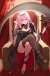  1girl absurdres black_dress breasts cape crossed_legs dress grin hand_in_own_hair high_heels highres hololive hololive_english knbd large_breasts mori_calliope pink_eyes pink_hair scythe single_thighhigh sitting smile thighhighs throne tiara veil virtual_youtuber 