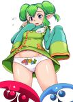  1girl bangs blue_eyes blush buttons commentary_request double_bun dress eyebrows_visible_through_hair feet_out_of_frame from_below green_dress green_hair hair_between_eyes highres lidelle_(puyopuyo) looking_at_viewer navel open_mouth orizen panties pointy_ears print_panties puyopuyo puyopuyo_quest ribbed_sweater simple_background sleeves_past_fingers sleeves_past_wrists sweater tareme underwear white_background white_panties 