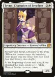  absurd_res armor artwithrozel blonde_hair bulge canid canine canis clothing domestic_dog girly golden hair hasbro heterochromia hi_res legwear looking_at_viewer magic:_the_gathering male mammal solo thigh_highs trading_card trynn wizards_of_the_coast yellow 