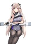  1girl absurdres alternate_costume bangs black_legwear blonde_hair breasts bullet chair closed_mouth commission dress embarrassed eyebrows_visible_through_hair feet_out_of_frame g3_(girls&#039;_frontline) girls&#039;_frontline grey_dress hair_ornament hairclip hand_on_own_cheek hand_on_own_face highres long_hair looking_at_viewer magazine_(weapon) medium_breasts mod3_(girls&#039;_frontline) pantyhose paper parted_lips pixiv_request purple_eyes sitting solo table turtleneck uniform white_background zen_juraku 