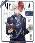  1boy alternate_eye_color artist_name background_text barcode boku_no_hero_academia book brown_eyes burn_scar character_name coffee_cup cover cup disposable_cup ekita_kuro english_text foreground-e green_eyes hair_ornament hairpin heterochromia holding holding_book holding_cup looking_at_viewer magazine_cover male_focus multicolored_hair open_book red_hair scar scar_on_face scarf solo split-color_hair todoroki_shouto two-tone_hair white_background white_hair 