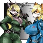  1:1 2018 anthro black_nose blonde_hair blue_eyes breasts brown_body canid canine cleavage clothed clothing dialogue duo english_text female fox fox_mccloud grey_body gun hair hi_res holding_gun holding_object holding_rifle holding_weapon konami mammal metal_gear metroid nintendo onat ranged_weapon red_eyes simple_background smile sniper_wolf star_fox text tight_clothing video_games weapon wolf_o&#039;donnell zero_suit 