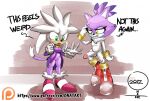  2017 after_transformation anthro blaze_the_cat breasts clothing domestic_cat duo eulipotyphlan felid feline felis female footwear genitals green_eyes head_swap hedgehog male mammal nipples onat patreon patreon_logo penis purple_body pussy sega shoes silver_the_hedgehog sonic_the_hedgehog_(series) surprise white_body 