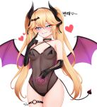  1girl 82jhin absurdres bat_hair_ornament black_gloves blonde_hair blue_eyes blush breasts bright_pupils choker cleavage collarbone demon_girl demon_horns demon_tail demon_wings elbow_gloves eyebrows_visible_through_hair gloves grin hair_ornament half-closed_eyes heart highres horns index_finger_raised korean_text large_breasts last_origin lips long_hair looking_at_viewer navel parted_lips pubic_tattoo smile solo tail tattoo teeth thetis_(last_origin) translation_request twintails white_pupils wings 