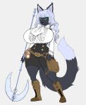  absurd_res anthro belt belt_buckle big_breasts biped breasts dipstick_tail felid female green_eyes hi_res huge_breasts looking_at_viewer mammal markings melee_weapon polearm potion realius satchel scythe simple_background solo standing straps tail_markings thick_thighs weapon wide_hips 